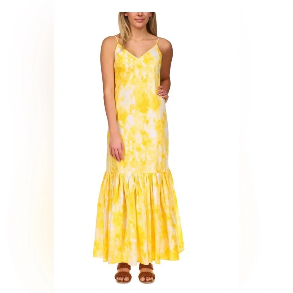 MICHAEL KORS Womens Yellow Tie Dye Sleeveless V Neck Maxi Ruffled Dress